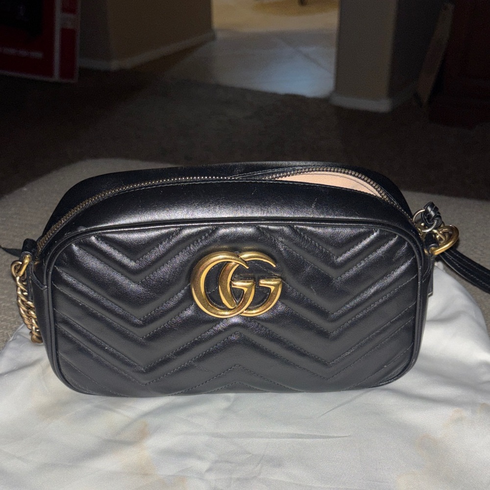 Gucci Black Chevron Crossbody Bag with Gold Accents